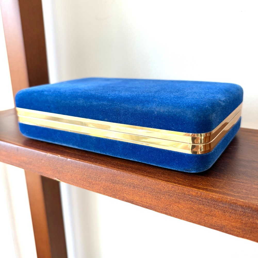 Vintage Cobalt Blue Velvet Jewelry Travel Case with Gold Trim and Mirror